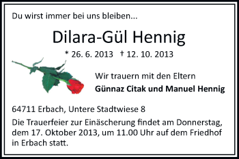 Traueranzeige von Dilara-Gül Hennig von Odenwälder Echo