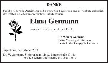 Traueranzeige von Elma Germann von Echo-Zeitungen (Gesamtausgabe)