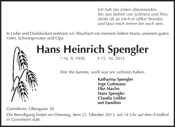 Traueranzeige von Hans Heinrich Spengler von Rüsselsheimer Echo, Groß-Gerauer-Echo, Ried Echo
