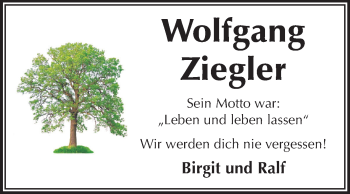 Traueranzeige von Wolfgang Ziegler von Echo-Zeitungen (Gesamtausgabe)
