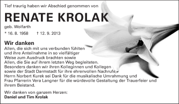 Traueranzeige von Renate Krolak von Echo-Zeitungen (Gesamtausgabe)