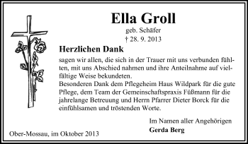 Traueranzeige von Ella Groll von Odenwälder Echo