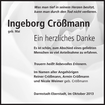 Traueranzeige von Ingeborg Crößmann von Echo-Zeitungen (Gesamtausgabe)