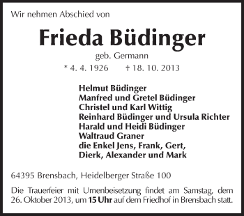 Traueranzeige von Frieda Büdinger von Echo-Zeitungen (Gesamtausgabe)