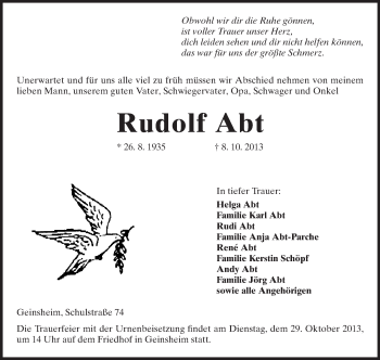 Traueranzeige von Rudolf Abt von Rüsselsheimer Echo, Groß-Gerauer-Echo, Ried Echo