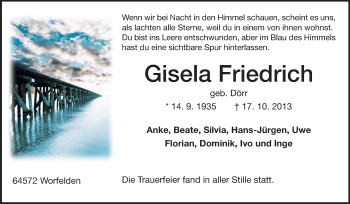 Traueranzeige von Gisela Friedrich von Rüsselsheimer Echo, Groß-Gerauer-Echo, Ried Echo