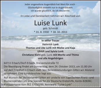 Traueranzeige von Luise Lunk von Odenwälder Echo