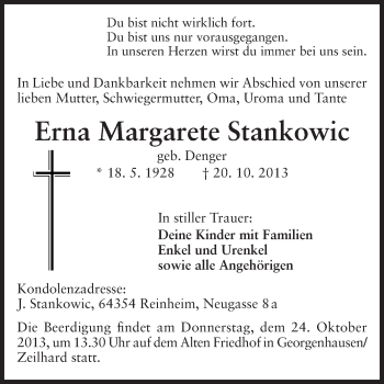 Traueranzeige von Erna Margarete Stankowic von Echo-Zeitungen (Gesamtausgabe)