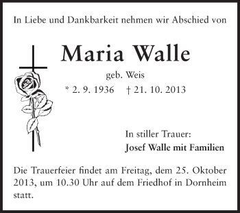 Traueranzeige von Maria Walle von Rüsselsheimer Echo, Groß-Gerauer-Echo, Ried Echo