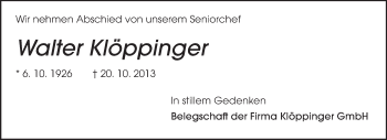 Traueranzeige von Walter Klöppinger von Echo-Zeitungen (Gesamtausgabe)