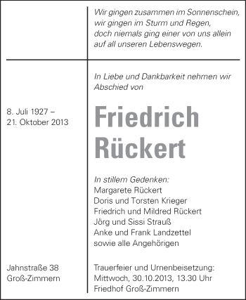 Traueranzeige von Friedrich Rückert von Echo-Zeitungen (Gesamtausgabe)