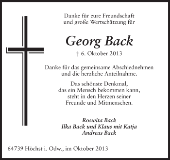 Traueranzeige von Georg Back von Odenwälder Echo