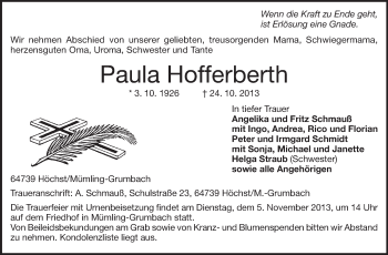 Traueranzeige von Paula Hofferberth von Odenwälder Echo