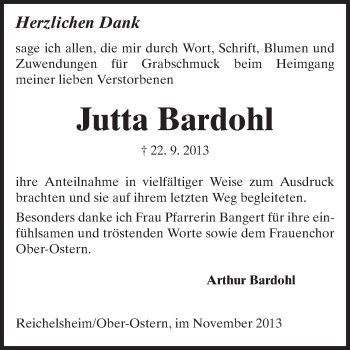 Traueranzeige von Jutta Bardohl von Odenwälder Echo