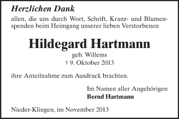 Traueranzeige von Hildegard Hartmann von Echo-Zeitungen (Gesamtausgabe)