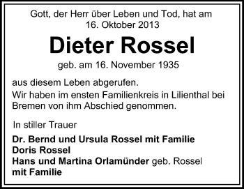 Traueranzeige von Dieter Rossel von Odenwälder Echo