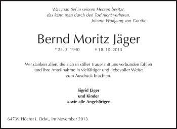 Traueranzeige von Bernd Moritz Jäger von Odenwälder Echo
