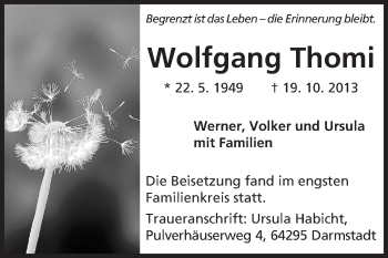 Traueranzeige von Wolfgang Thomi von Echo-Zeitungen (Gesamtausgabe)