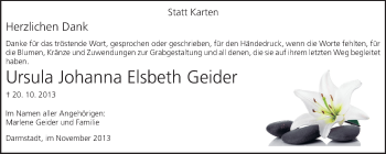Traueranzeige von Ursula Johanna Elsbeth Geider von Darmstädter Echo, Odenwälder Echo, Rüsselsheimer Echo, Groß-Gerauer-Echo, Ried Echo