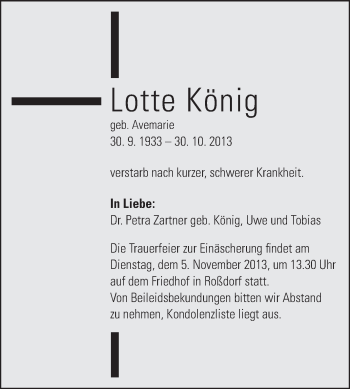 Traueranzeige von Lotte König von Darmstädter Echo, Odenwälder Echo, Rüsselsheimer Echo, Groß-Gerauer-Echo, Ried Echo
