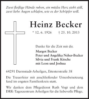 Traueranzeige von Heinz Becker von Echo-Zeitungen (Gesamtausgabe)