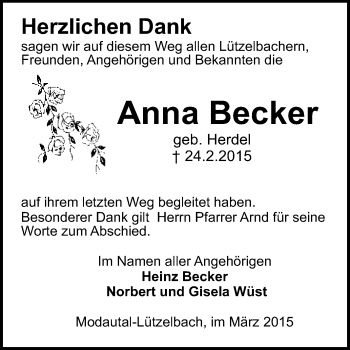 Traueranzeige von Anna Becker von Echo-Zeitungen (Gesamtausgabe)