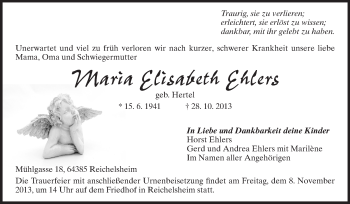 Traueranzeige von Maria Elisabeth Ehlers von Odenwälder Echo