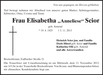 Traueranzeige von Elisabetha Anneliese Scior von Odenwälder Echo