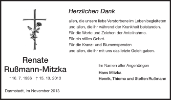 Traueranzeige von Renate Rußmann-Mitzka von Darmstädter Echo, Odenwälder Echo, Rüsselsheimer Echo, Groß-Gerauer-Echo, Ried Echo