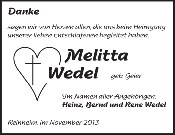 Traueranzeige von Melitta Wedel von Echo-Zeitungen (Gesamtausgabe)
