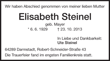 Traueranzeige von Elisabeth Steinel von Echo-Zeitungen (Gesamtausgabe)