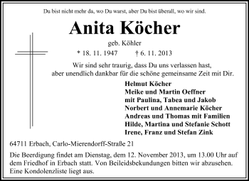 Traueranzeige von Anita Köcher von Odenwälder Echo