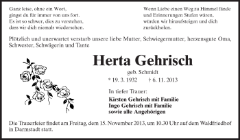 Traueranzeige von Herta Gehrisch von Echo-Zeitungen (Gesamtausgabe)