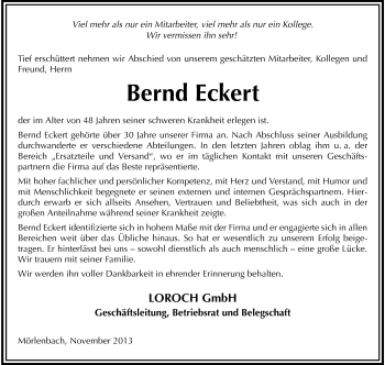 Traueranzeige von Bernd Eckert von Odenwälder Echo