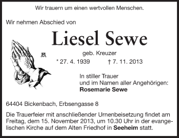 Traueranzeige von Liesel Sewe von Echo-Zeitungen (Gesamtausgabe)
