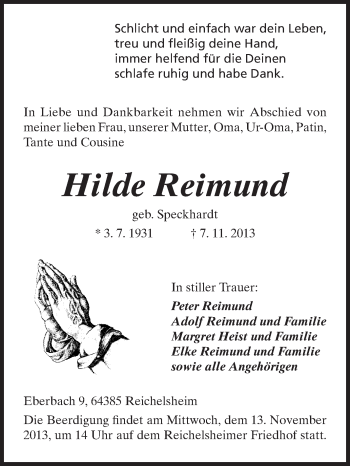 Traueranzeige von Hilde Reimund von Echo-Zeitungen (Gesamtausgabe)