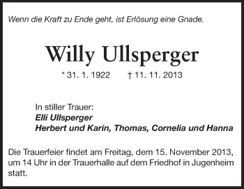 Traueranzeige von Willy Ullsperger von Darmstädter Echo, Odenwälder Echo, Rüsselsheimer Echo, Groß-Gerauer-Echo, Ried Echo