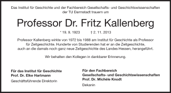 Traueranzeige von Fritz Kallenberg von Echo-Zeitungen (Gesamtausgabe)