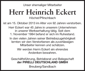 Traueranzeige von Heinrich Eckert von Odenwälder Echo