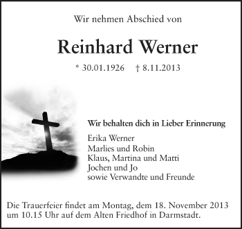 Traueranzeige von Reinhard Werner von Echo-Zeitungen (Gesamtausgabe)