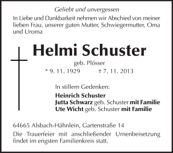 Traueranzeige von Helmi Schuster von Echo-Zeitungen (Gesamtausgabe)