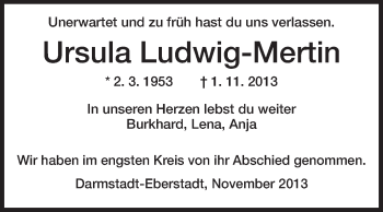 Traueranzeige von Ursula Ludwig-Mertin von Echo-Zeitungen (Gesamtausgabe)