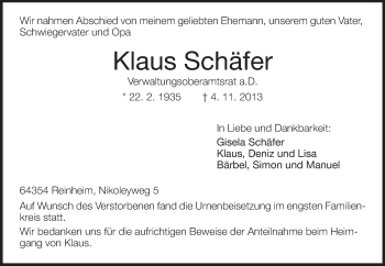 Traueranzeige von Klaus Schäfer von Echo-Zeitungen (Gesamtausgabe)