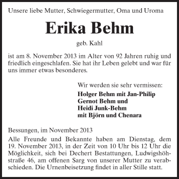Traueranzeige von Erika Behm von Echo-Zeitungen (Gesamtausgabe)