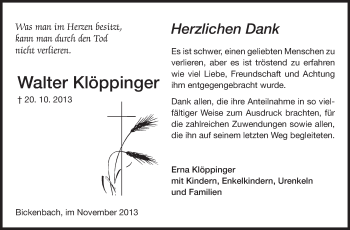 Traueranzeige von Walter Klöppinger von Echo-Zeitungen (Gesamtausgabe)