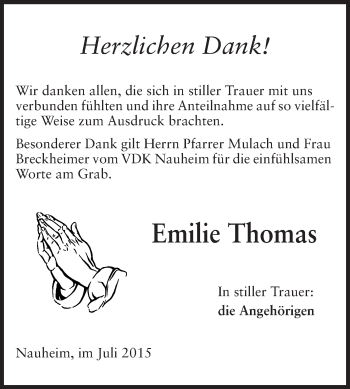 Traueranzeige von Emilie Thomas von Rüsselsheimer Echo, Groß-Gerauer-Echo, Ried Echo