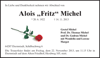 Traueranzeige von Alois Fritz Michel von Echo-Zeitungen (Gesamtausgabe)