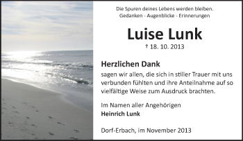 Traueranzeige von Luise Lunk von Odenwälder Echo