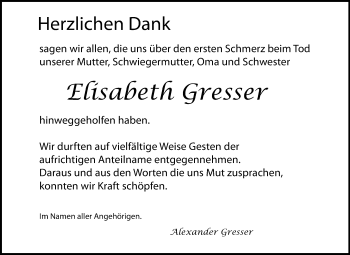 Traueranzeige von Elisabeth Gresser von Echo-Zeitungen (Gesamtausgabe)