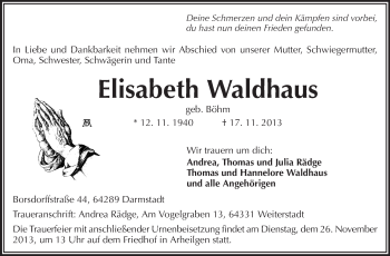 Traueranzeige von Elisabeth Waldhaus von Echo-Zeitungen (Gesamtausgabe)
